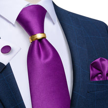 4PCS Purple Solid Silk Men's Tie Pocket Square Cufflinks with Tie Ring Set