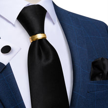 4PCS Black Solid Silk Men's Tie Pocket Square Cufflinks with Tie Ring Set