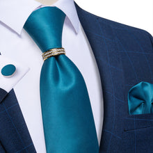 4PCS Teal Solid Silk Men's Tie Pocket Square Cufflinks with Tie Ring Set