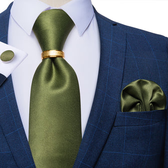 4PCS Olive Green Solid Silk Men's Tie Pocket Square Cufflinks with Tie Ring Set