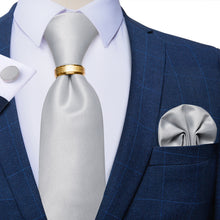 4PCS Grey White Solid Silk Men's Tie Pocket Square Cufflinks with Tie Ring Set