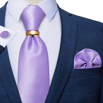 4PCS Light Purple Solid Silk Men's Tie Pocket Square Cufflinks with Tie Ring Set