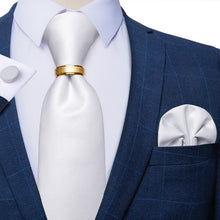 4PCS White Solid Silk Men's Tie Pocket Square Cufflinks with Tie Ring Set