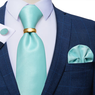 4PCS Tiffany Blue Solid Silk Men's Tie Pocket Square Cufflinks with Tie Ring Set