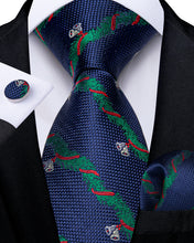 Christmas Blue Green Stripe Bell Men's Tie Pocket Square Cufflinks Set