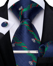 Christmas Blue Green Stripe Bell Men's Tie Pocket Square Cufflinks Clip Set
