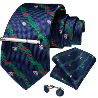 Christmas Blue Green Stripe Bell Men's Tie Pocket Square Cufflinks Clip Set