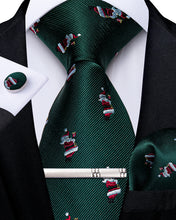 Christmas Green Santa Pattern Men's Tie Pocket Square Cufflinks Clip Set