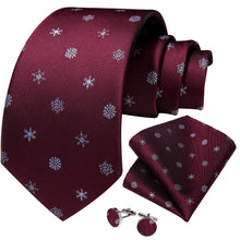 Christmas Claret Solid Silver Snowflake Men's Tie Pocket Square Cufflinks Set
