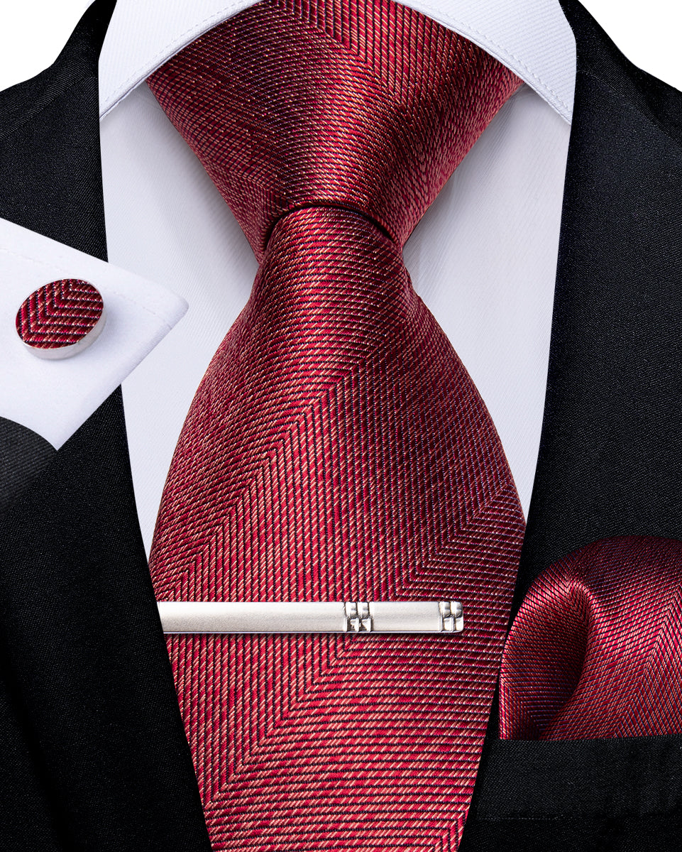 Red Solid Men's Tie Pocket Square Cufflinks Clip Set