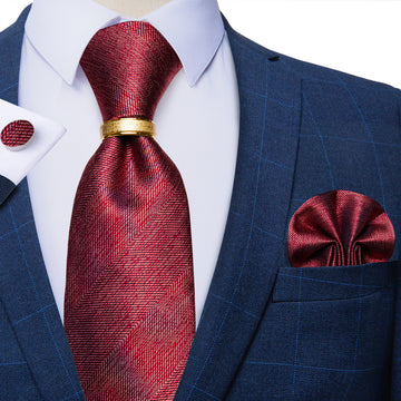 4PCS Claret Stripe Silk Men's Tie Pocket Square Cufflinks with Tie Ring Set