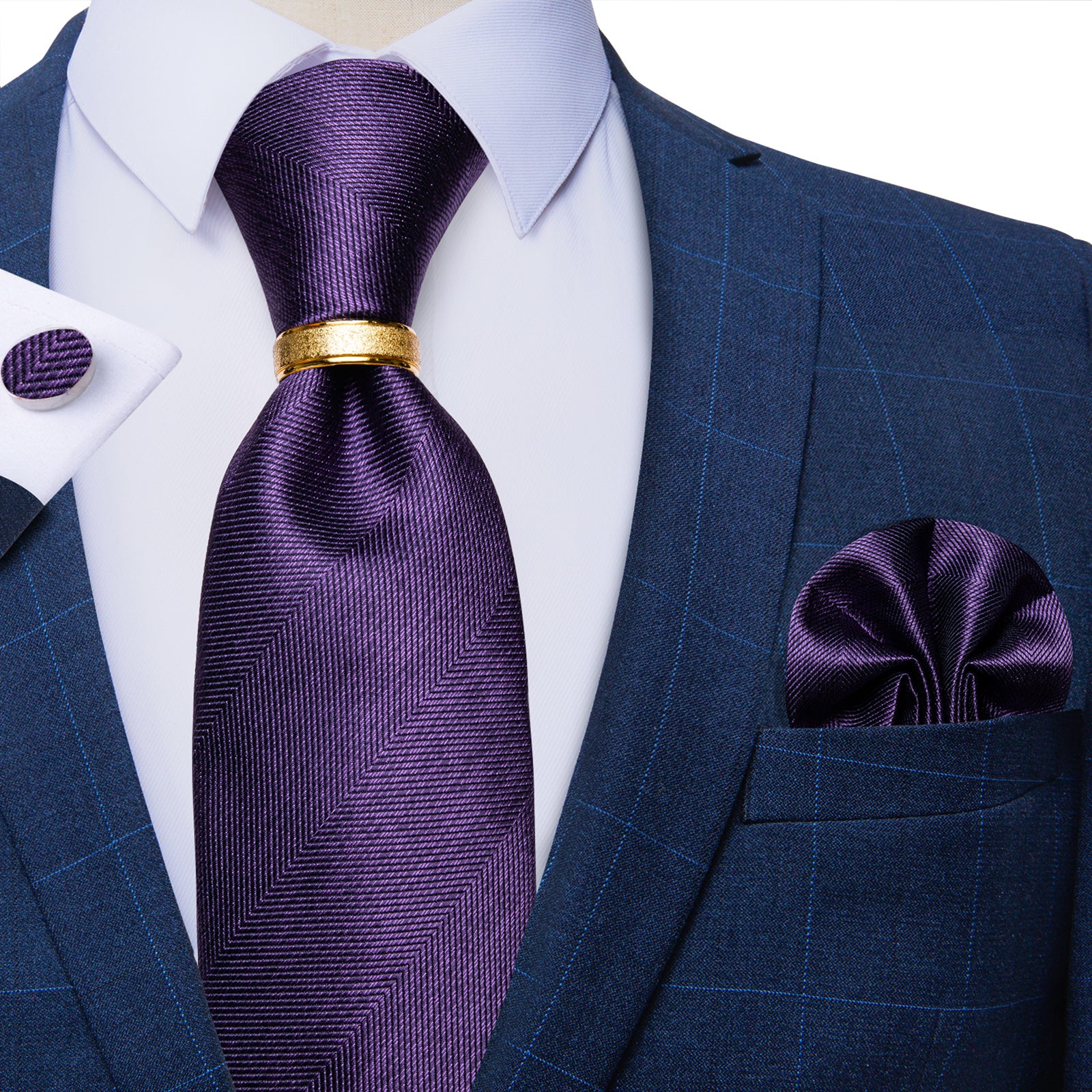 4PCS Purple Stripe Silk Men's Tie Pocket Square Cufflinks with Tie Ring Set