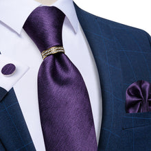 4PCS Purple Stripe Silk Men's Tie Pocket Square Cufflinks with Tie Ring Set