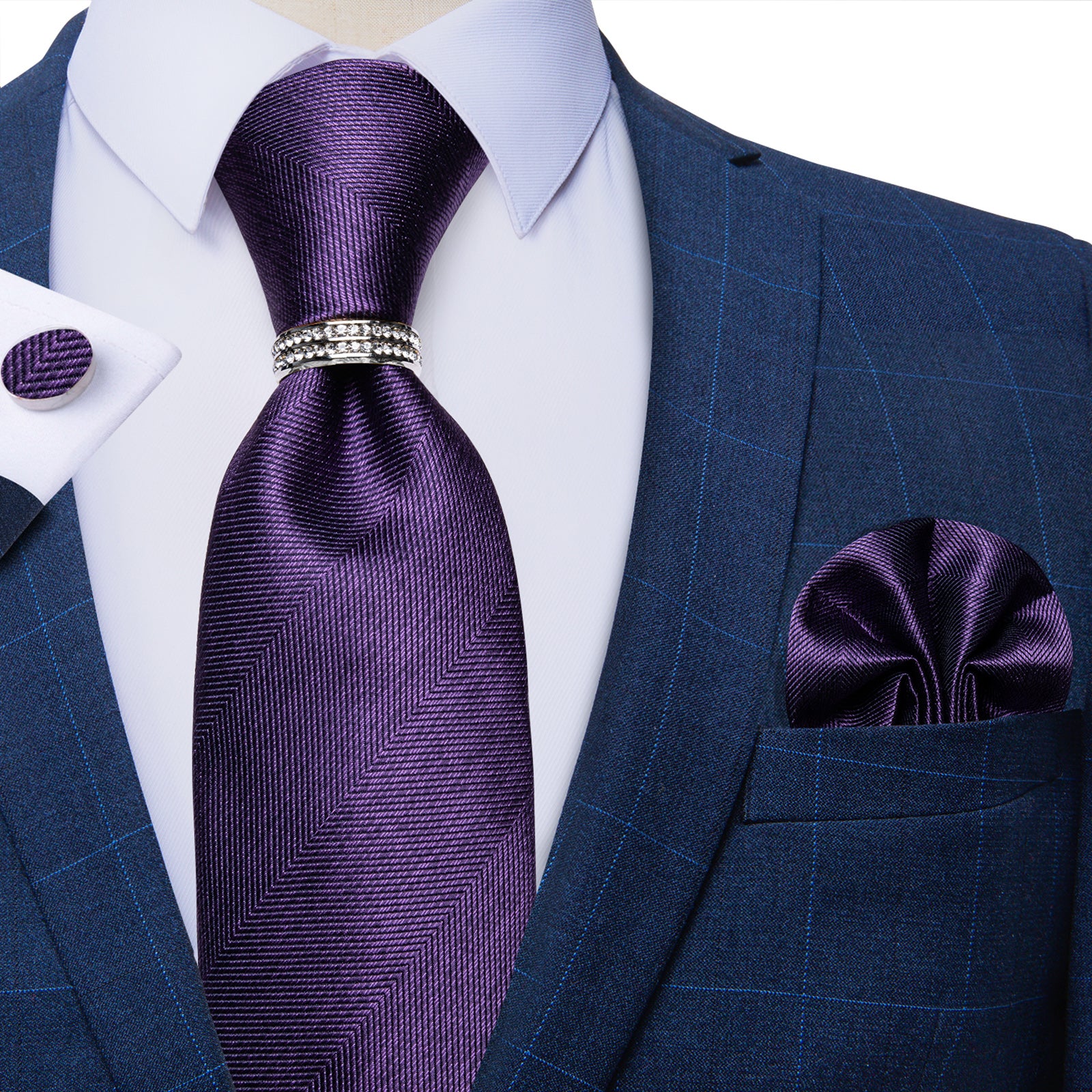 4PCS Purple Stripe Silk Men's Tie Pocket Square Cufflinks with Tie Ring Set
