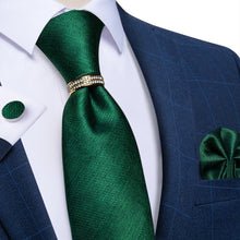 4PCS Green Stripe Silk Men's Tie Pocket Square Cufflinks with Tie Ring Set
