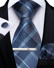 Blue Grey Lattice Stripe Men's Tie Pocket Square Cufflinks Clip Set