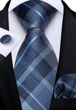 Blue Grey Lattice Stripe Men's Tie Pocket Square Cufflinks Clip Set