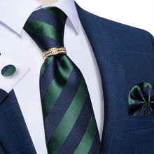 4PCS Blue Green Stripe Silk Men's Tie Pocket Square Cufflinks with Tie Ring Set