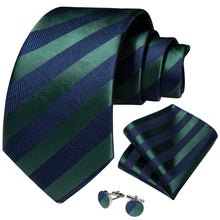 Blue Green Stripe Men's Tie Pocket Square Cufflinks Set