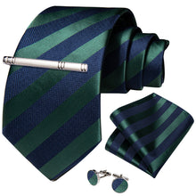 Blue Green Stripe Men's Tie Pocket Square Cufflinks Clip Set
