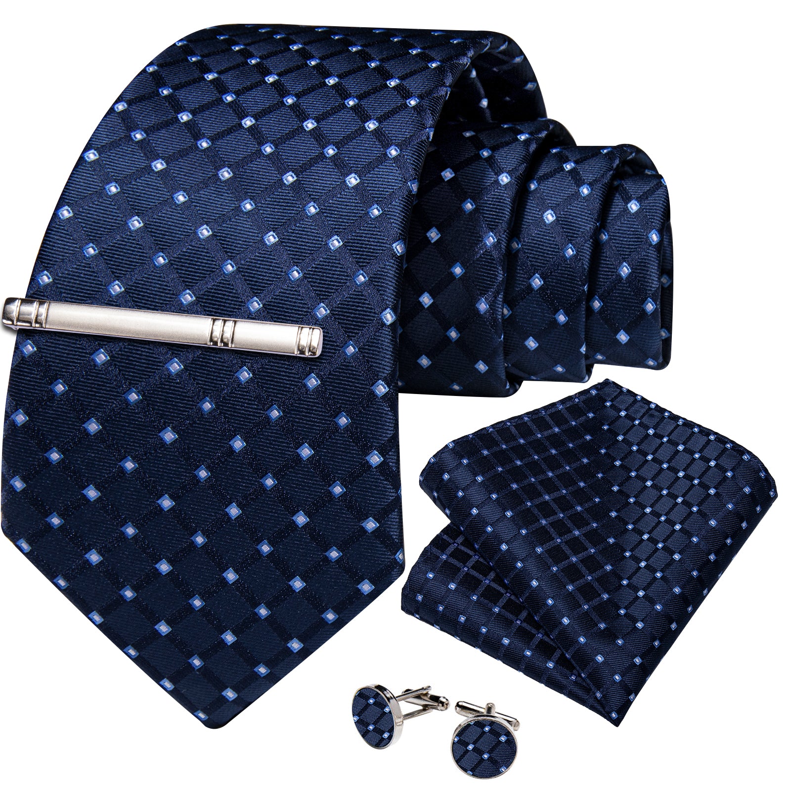 Blue Dotted Men's Tie Pocket Square Cufflinks Clip Set