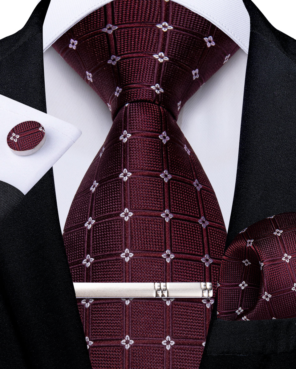 Red Dotted Men's Tie Pocket Square Cufflinks Clip Set