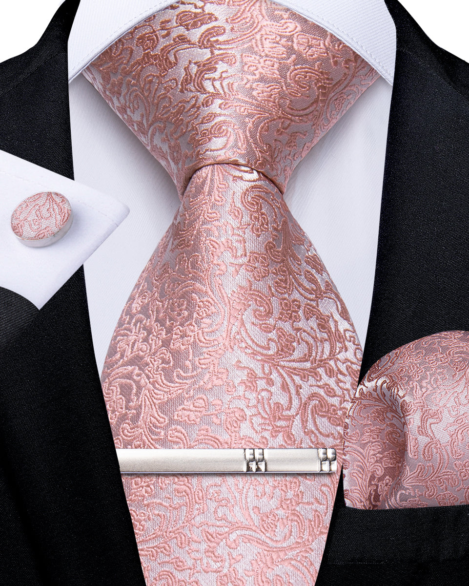 Pink Floral Men's Tie Pocket Square Cufflinks Clip Set