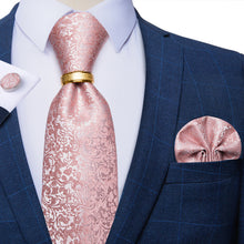 4PCS Pink Floral Silk Men's Tie Pocket Square Cufflinks with Tie Ring Set