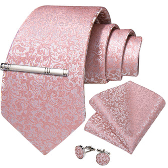 Pink Floral Men's Tie Pocket Square Cufflinks Clip Set