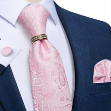 4PCS Light Pink Floral Silk Men's Tie Pocket Square Cufflinks with Tie Ring Set