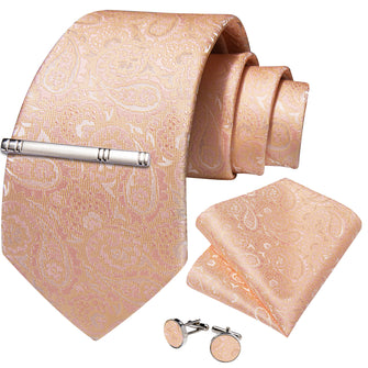 Yellow Pink Paisley Men's Tie Pocket Square Cufflinks Clip Set