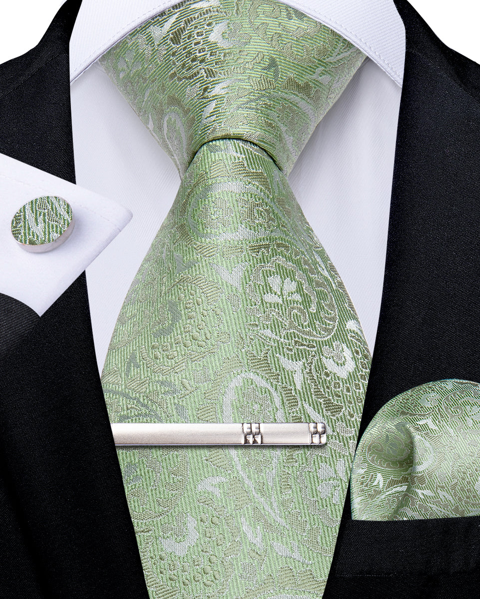 Mint Green Paisley Men's Tie Pocket Square Cufflinks Clip Set