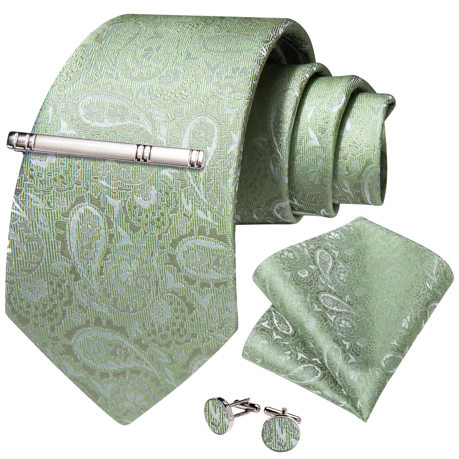 Mint Green Paisley Men's Tie Pocket Square Cufflinks Clip Set