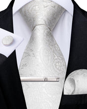 White Floral Men's Tie Pocket Square Cufflinks Clip Set
