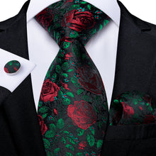 Green Leaf Red Floral Men's Tie Pocket Square Cufflinks Set
