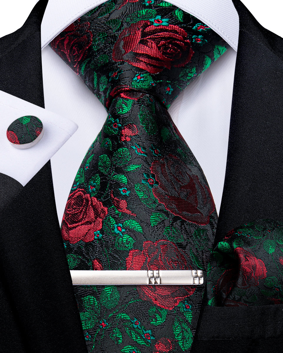 Green Leaf Red Floral Men's Tie Pocket Square Cufflinks Clip Set