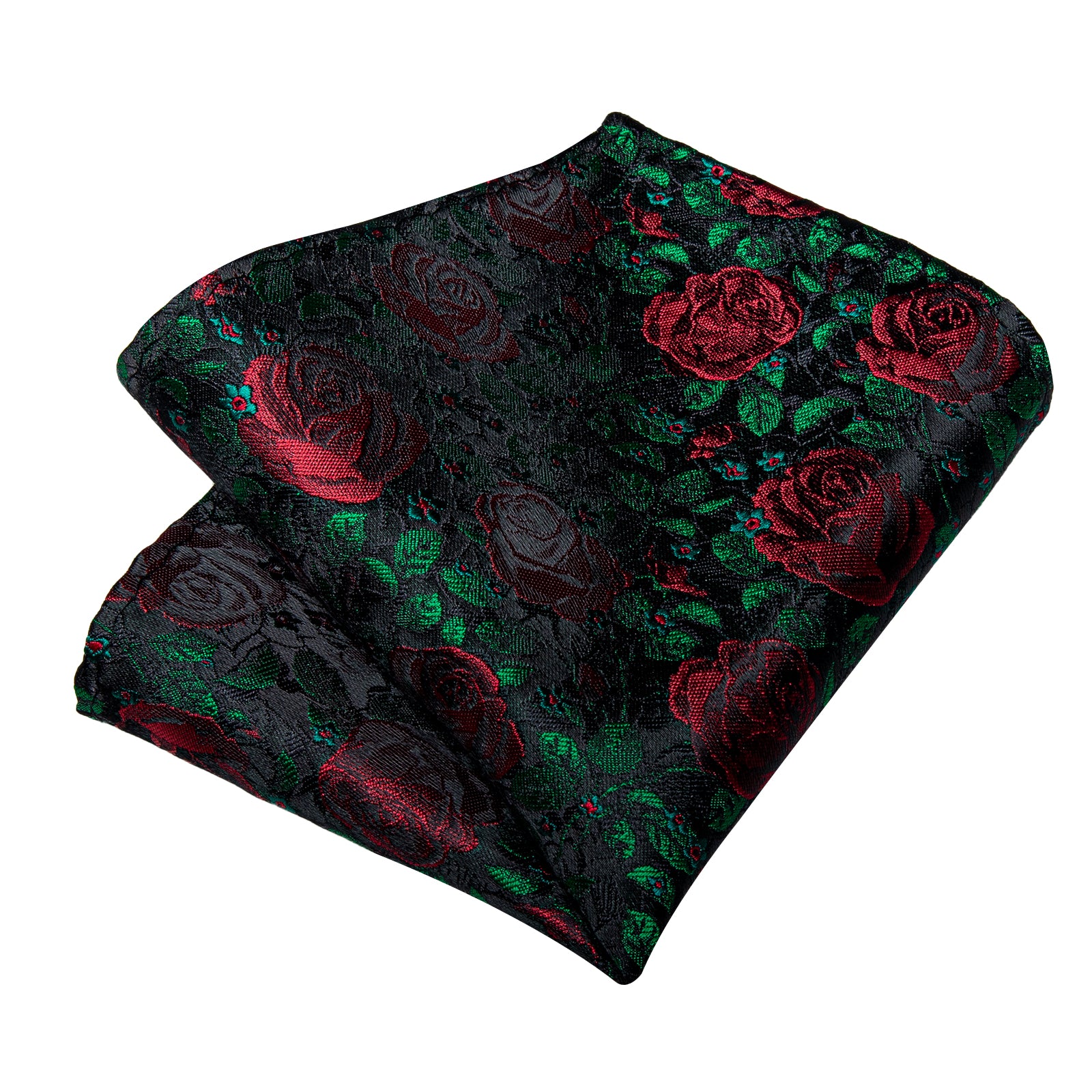 Green Leaf Red Floral Men's Tie Pocket Square Cufflinks Clip Set