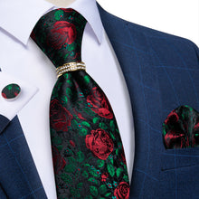 4PCS Green Red Floral Silk Men's Tie Pocket Square Cufflinks with Tie Ring Set