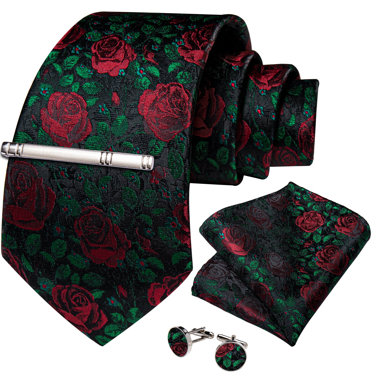 Green Leaf Red Floral Men's Tie Pocket Square Cufflinks Clip Set