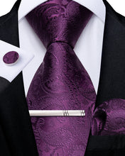 Purple Floral Men's Tie Pocket Square Cufflinks Clip Set