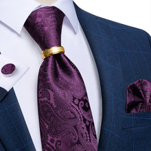 4PCS Purple Paisley Silk Men's Tie Pocket Square Cufflinks with Tie Ring Set