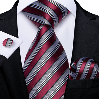 Silver Grey Red Stripe Men's Tie Pocket Square Cufflinks Set