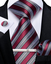 Silver Grey Red Stripe Men's Tie Pocket Square Cufflinks Clip Set