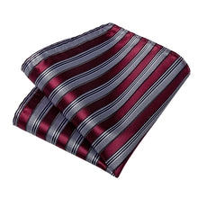 Silver Grey Red Stripe Men's Tie Pocket Square Cufflinks Set