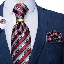 4PCS Silver Black Red Stripe Silk Men's Tie Pocket Square Cufflinks with Tie Ring Set