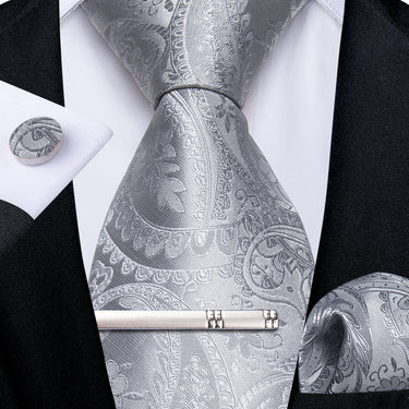 Silver Grey Floral Men's Tie Pocket Square Cufflinks Clip Set