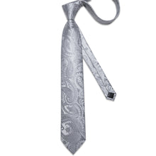 Silver Grey Floral Men's Tie Pocket Square Cufflinks Set