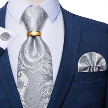 4PCS Silver Paisley Silk Men's Tie Pocket Square Cufflinks with Tie Ring Set