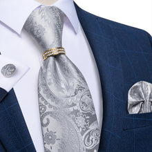 4PCS Silver Paisley Silk Men's Tie Pocket Square Cufflinks with Tie Ring Set
