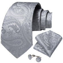 Silver Grey Floral Men's Tie Pocket Square Cufflinks Set
